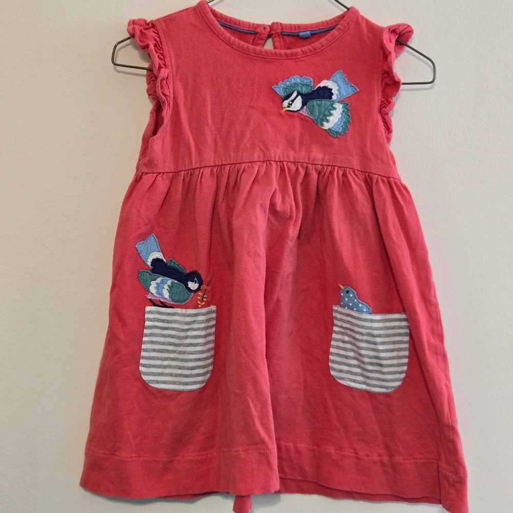 Mini Boden Coral Pink Bird‎ Applique Ruffle Dress Girls 3-4yrs